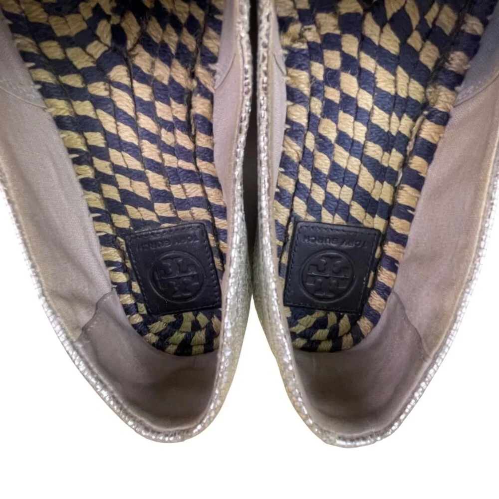 Tory Burch Silver Metallic and Navy Espadrille Flats